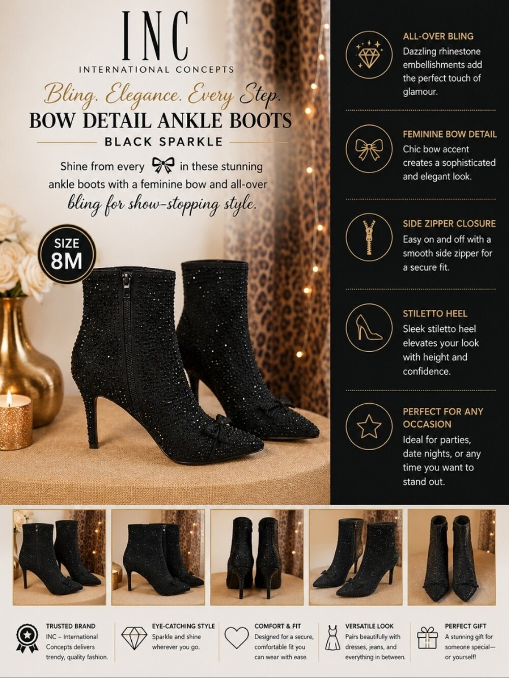 INC Bling Elegant  Bow Detail Black Ankle Zippered Heel Boots 8M